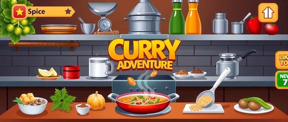 Curry Adventure gameplay showing a virtual kitchen with various Indian spices